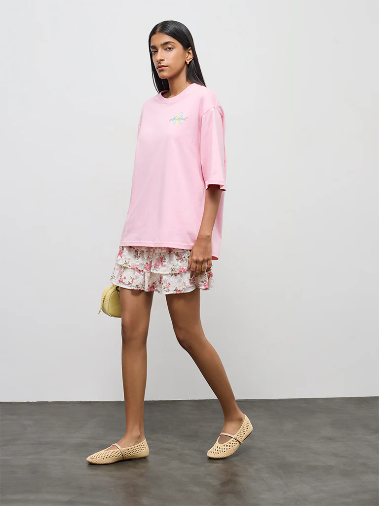 Nuon Pink Printed Oversized Cotton T-Shirt