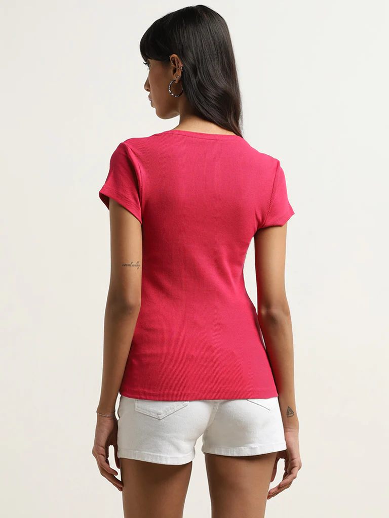 Nuon Pink Ribbed Textured Cotton-Blend T-Shirt - Image 4