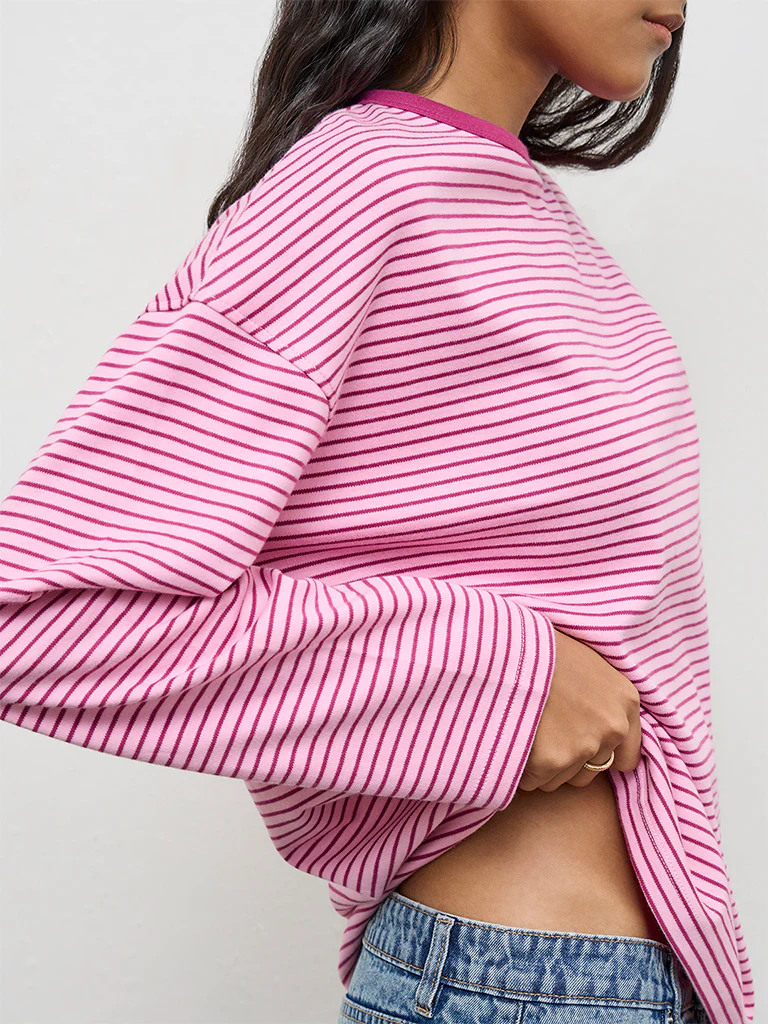 Nuon Pink Striped Cotton T-Shirt - Image 3