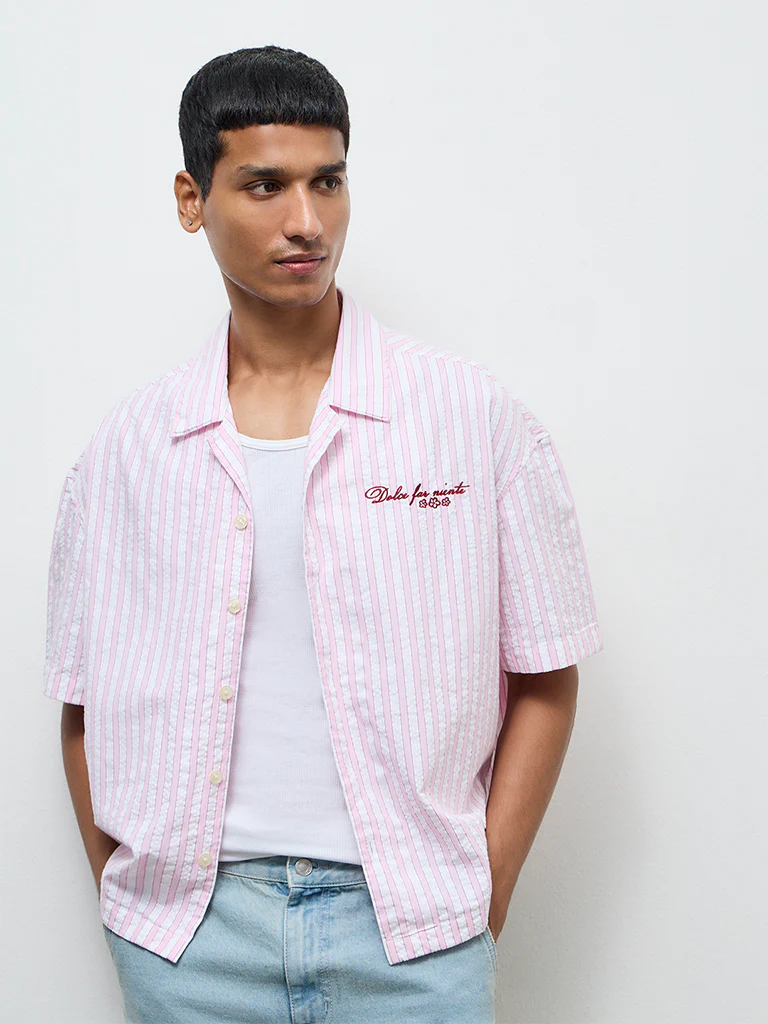 Nuon Pink Striped Relaxed-Fit Cotton Shirt