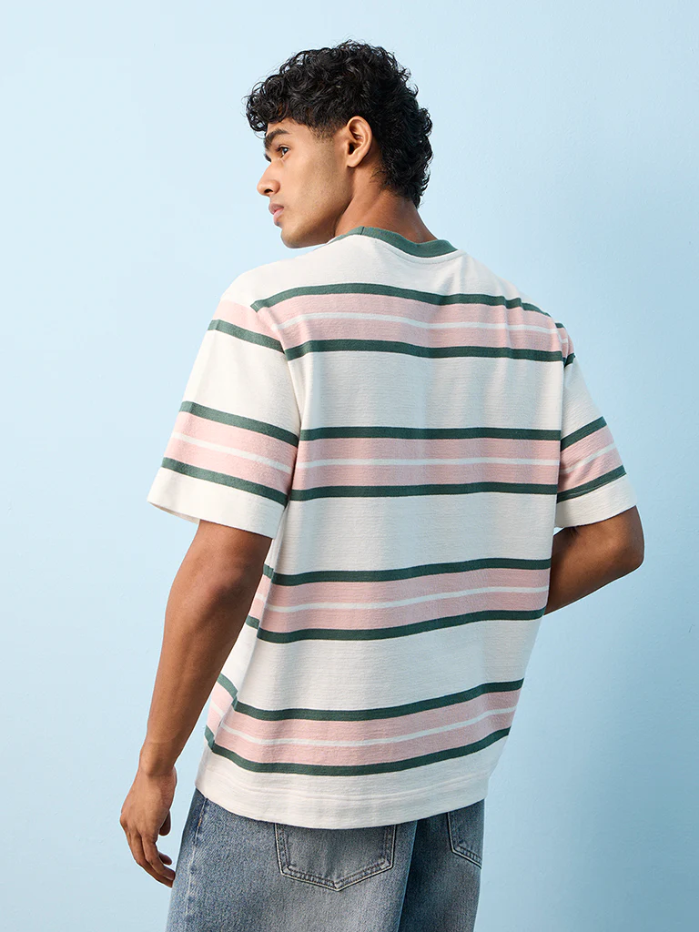 Nuon Pink Striped Relaxed-Fit Cotton T-Shirt - Image 4