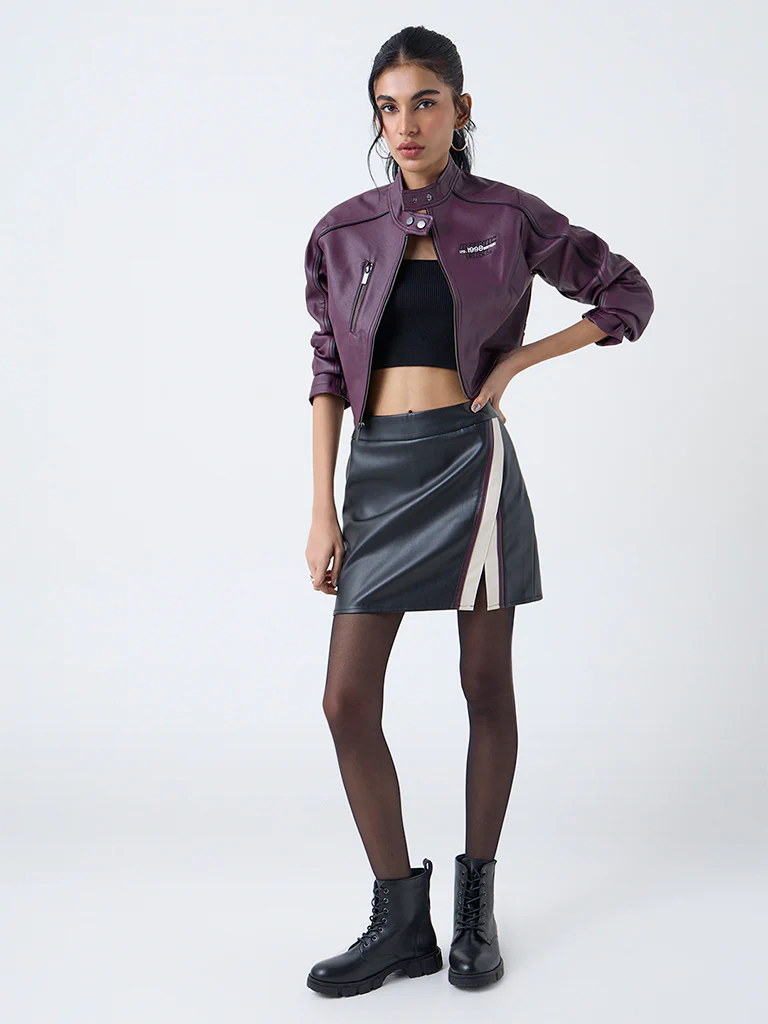 Nuon Plum Typographic Faux-Leather Jacket - Image 2
