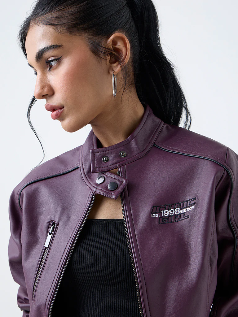 Nuon Plum Typographic Faux-Leather Jacket - Image 3