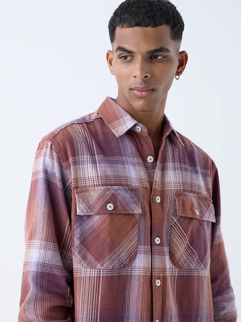 Nuon Purple Checkered Relaxed Fit Cotton Shirt - Image 3