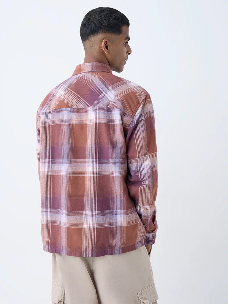 Nuon Purple Checkered Relaxed Fit Cotton Shirt - Image 4