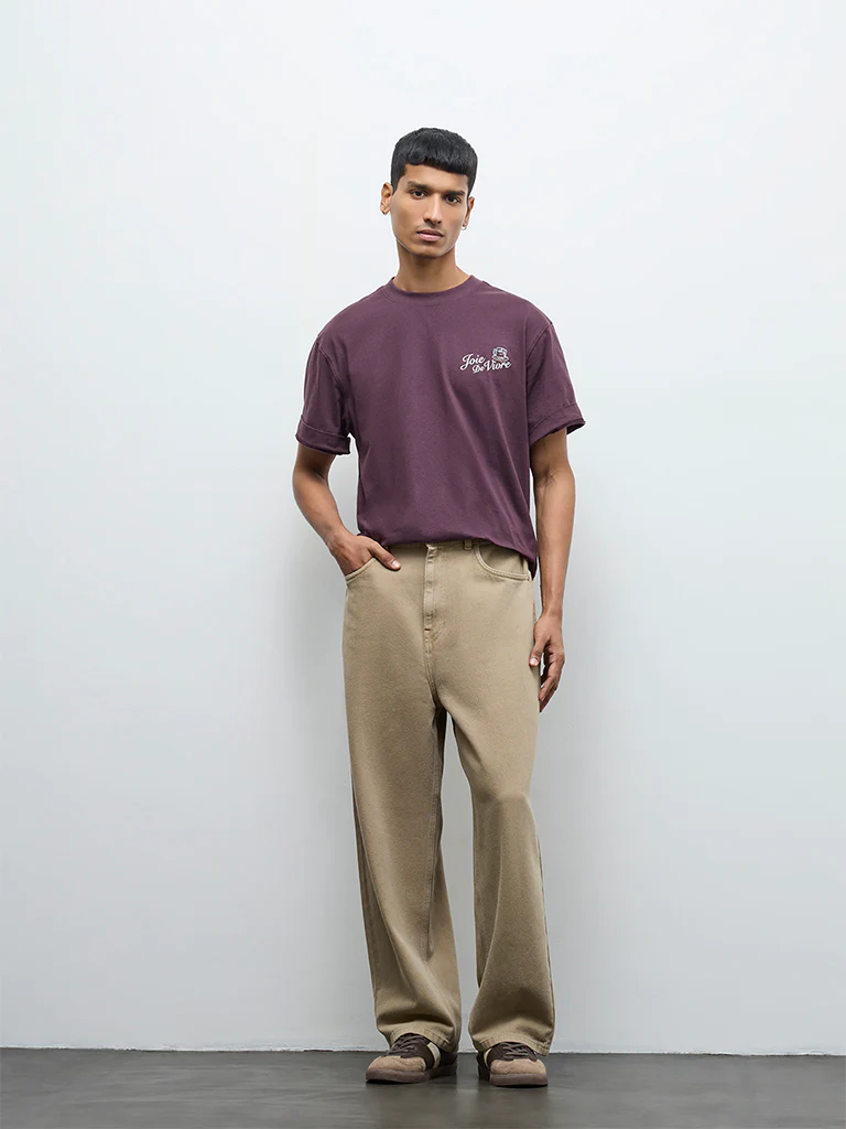 Nuon Purple Printed Relaxed-Fit Cotton T-Shirt