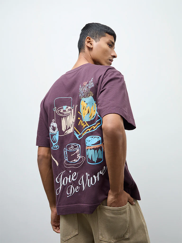 Nuon Purple Printed Relaxed-Fit Cotton T-Shirt - Image 4