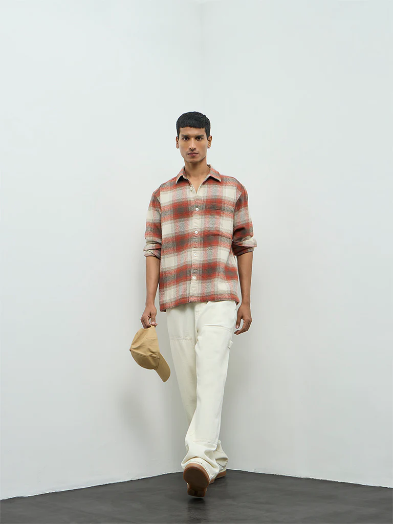 Nuon Red Checks Pattern Relaxed-Fit Cotton Shirt - Image 2