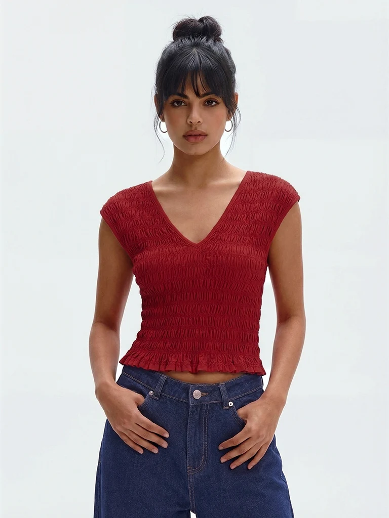 Nuon Red Contour Smocked Top - Image 2