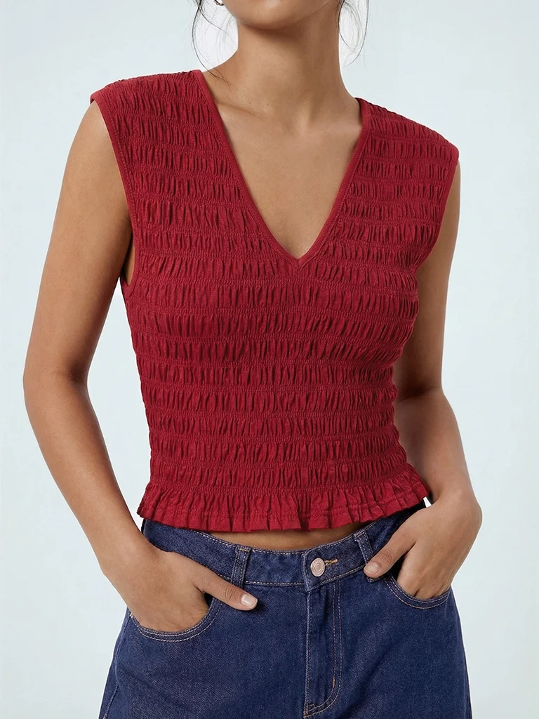 Nuon Red Contour Smocked Top - Image 3