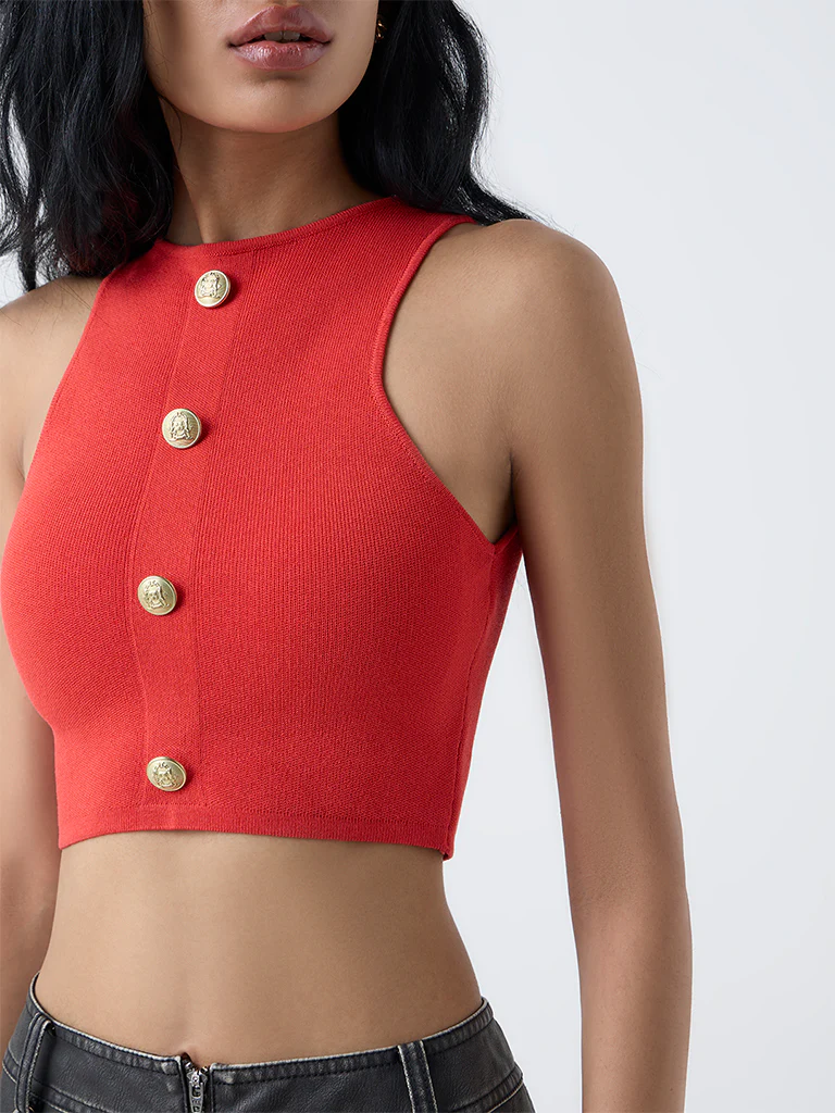 Nuon Red Knit-Textured Crop Top - Image 3