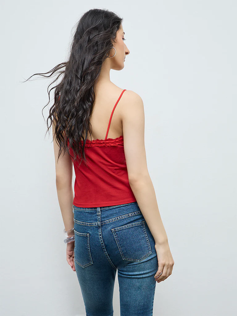 Nuon Red Lace Cotton-Blend Top - Image 4