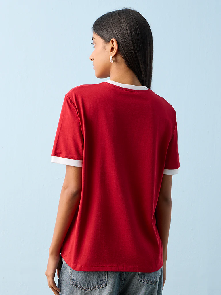 Nuon Red Printed Cotton T-Shirt - Image 4