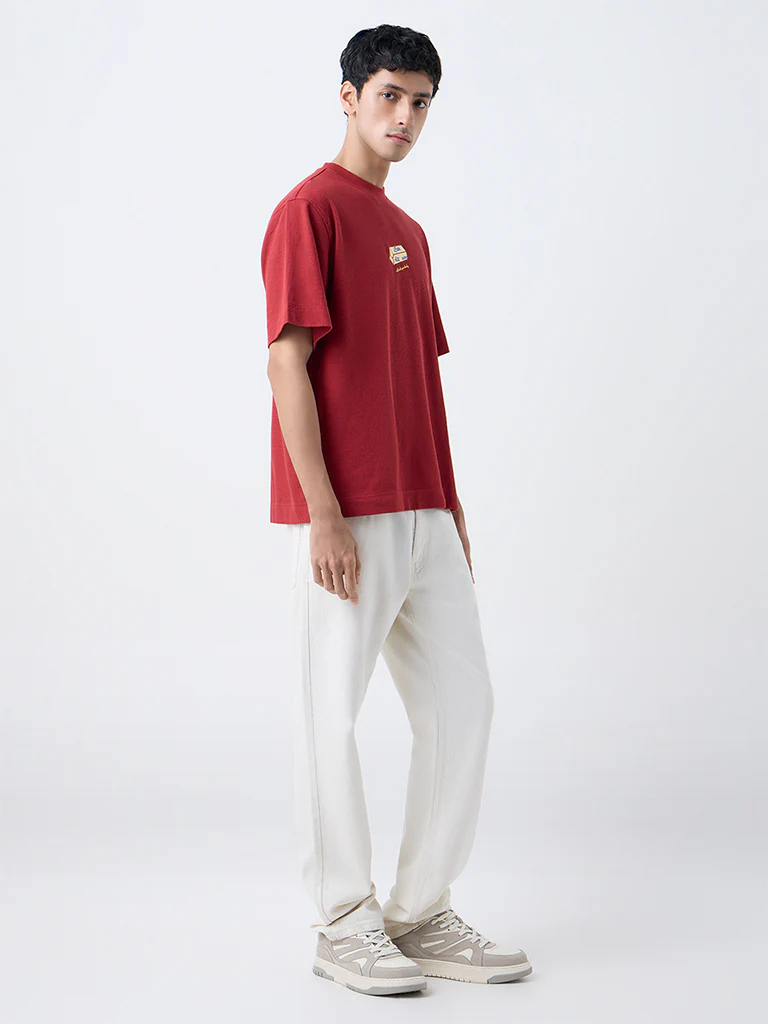 Nuon Red Printed Relaxed-Fit Cotton-Blend T-Shirt - Image 2