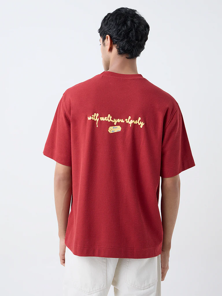 Nuon Red Printed Relaxed-Fit Cotton-Blend T-Shirt - Image 4