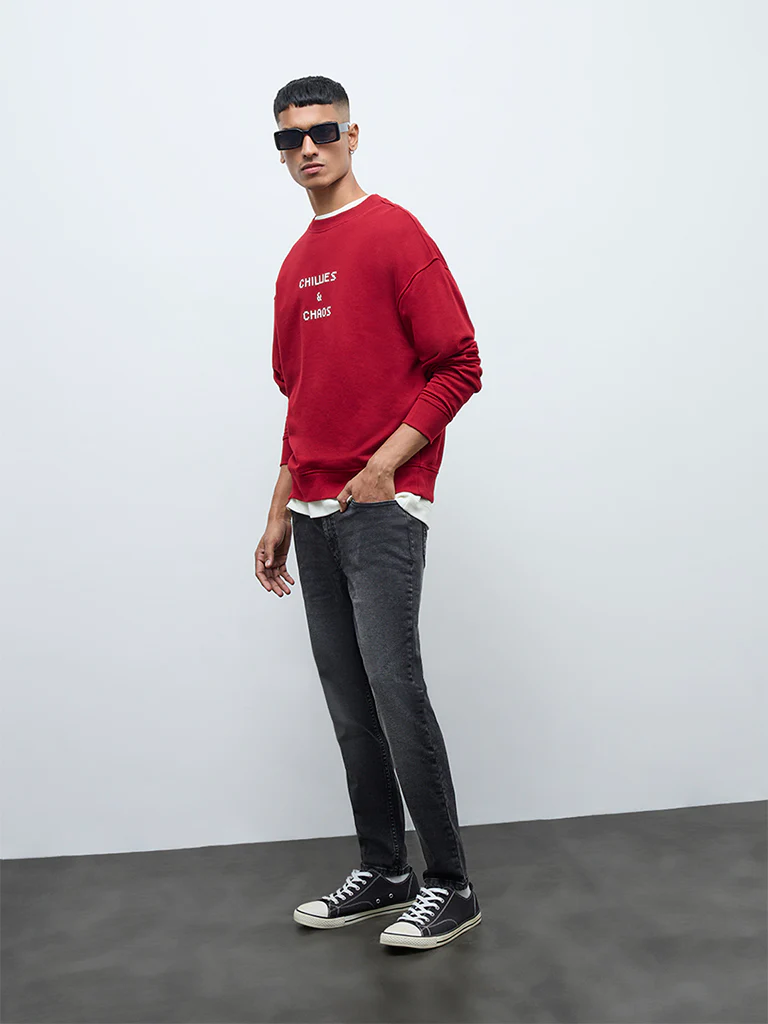 Nuon Red Printed Relaxed-Fit Cotton Sweatshirt - Image 2