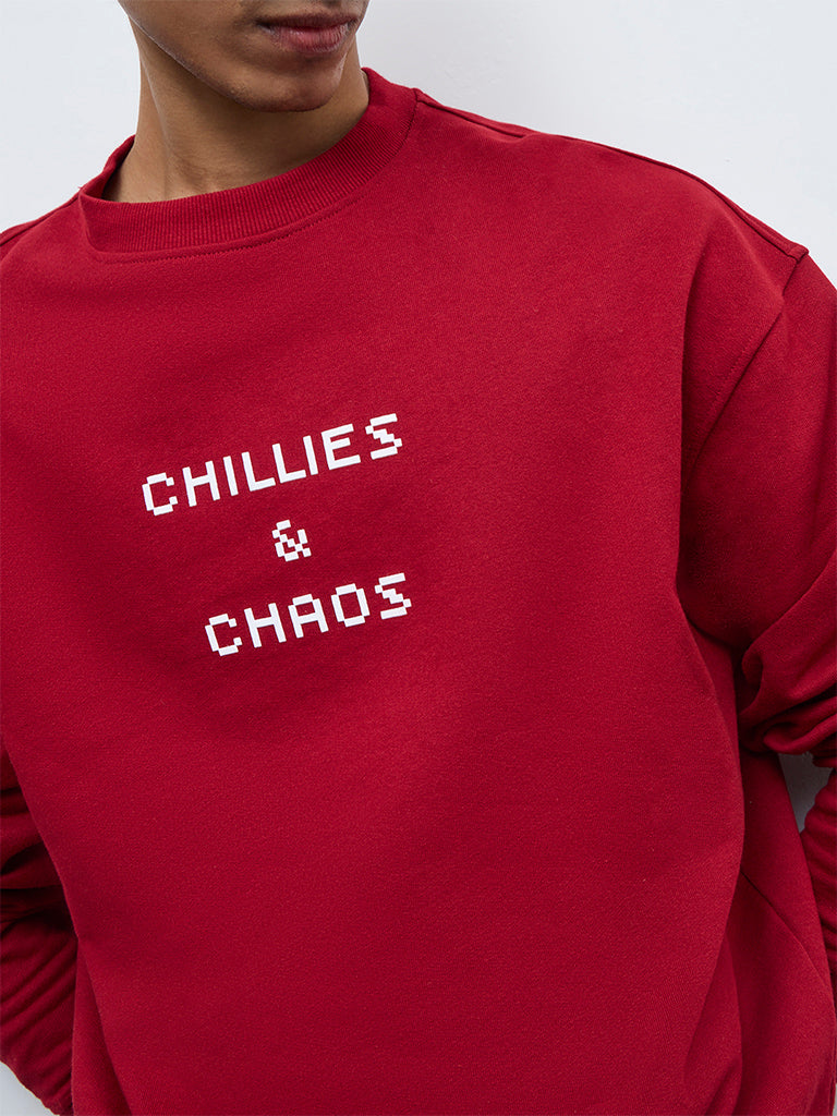 Nuon Red Printed Relaxed-Fit Cotton Sweatshirt - Image 3