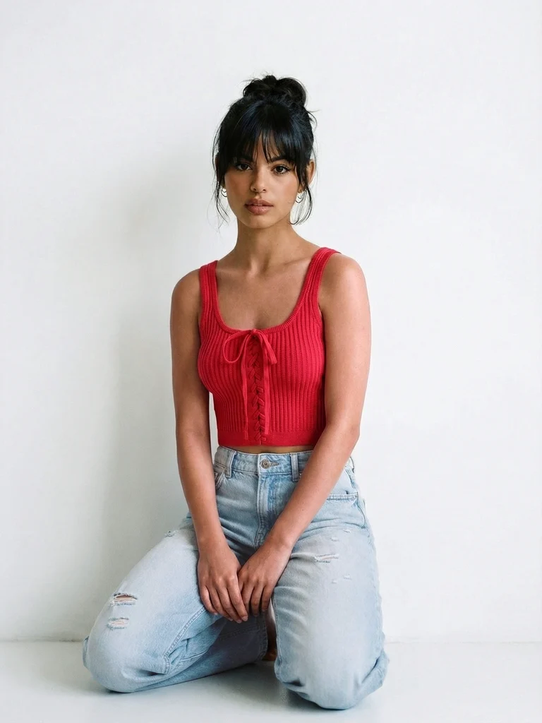 Nuon Red Ribbed Lace-Up Crop Top - Image 2