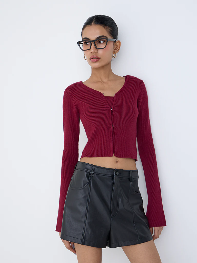 Nuon Red Ribbed Textured Cardigan with Inner