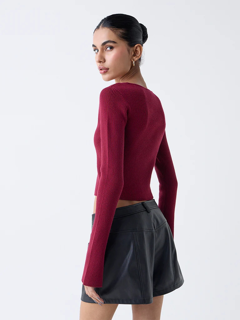 Nuon Red Ribbed Textured Cardigan with Inner - Image 4