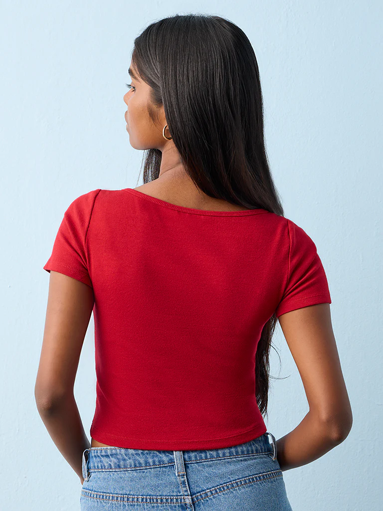 Nuon Red Ruched Cotton-Blend Top - Image 4