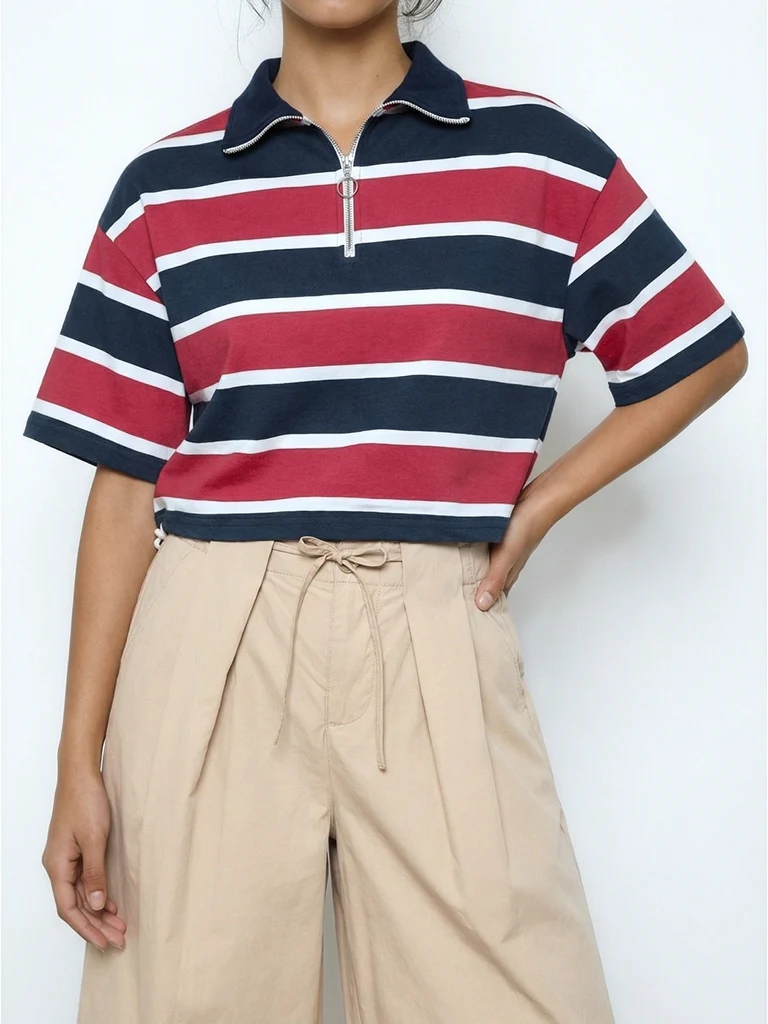 Nuon Red Striped Cotton-Blend Quarter-Zip T-Shirt - Image 2