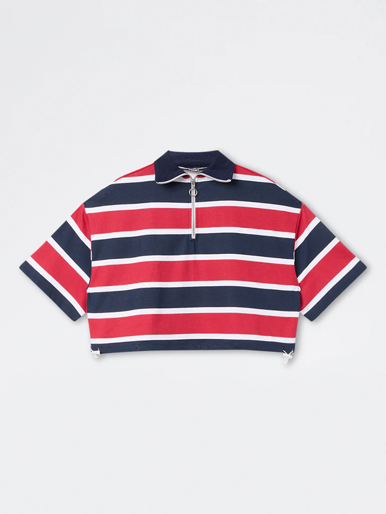 Nuon Red Striped Cotton-Blend Quarter-Zip T-Shirt - Image 5