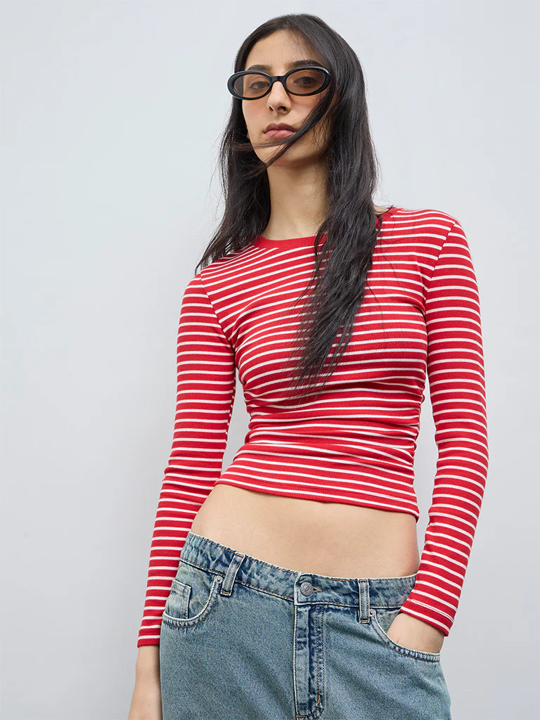 Nuon Red Striped Cotton-Blend Top