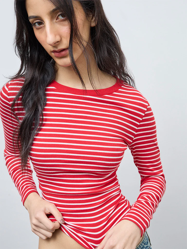 Nuon Red Striped Cotton-Blend Top - Image 3