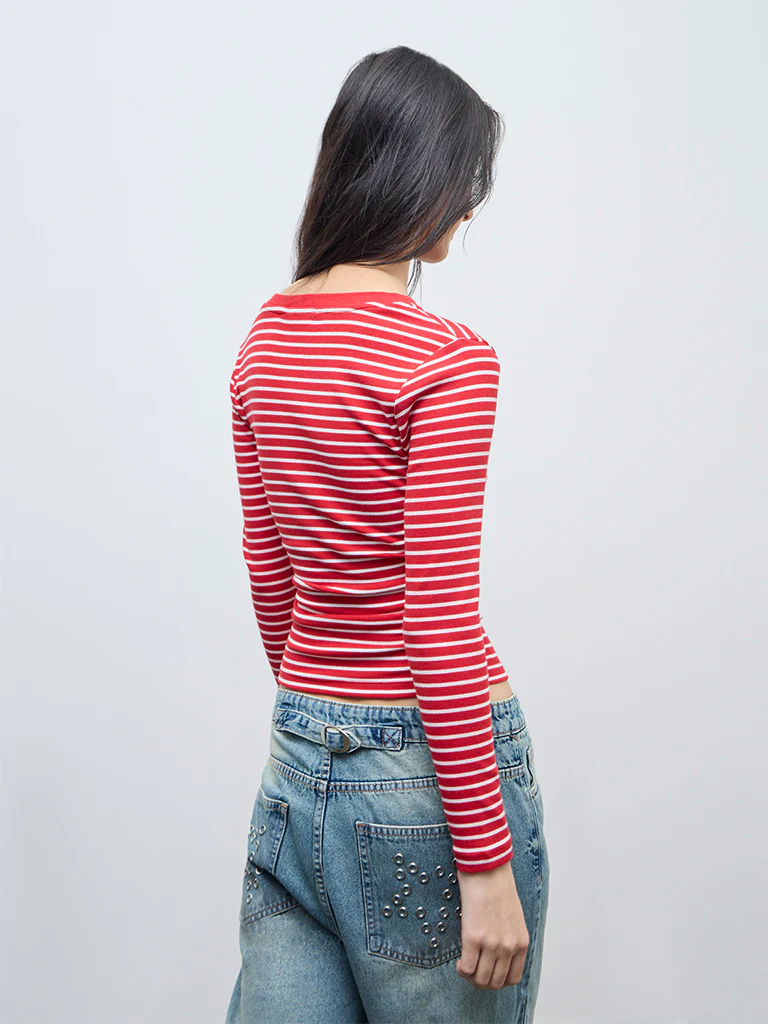 Nuon Red Striped Cotton-Blend Top - Image 4
