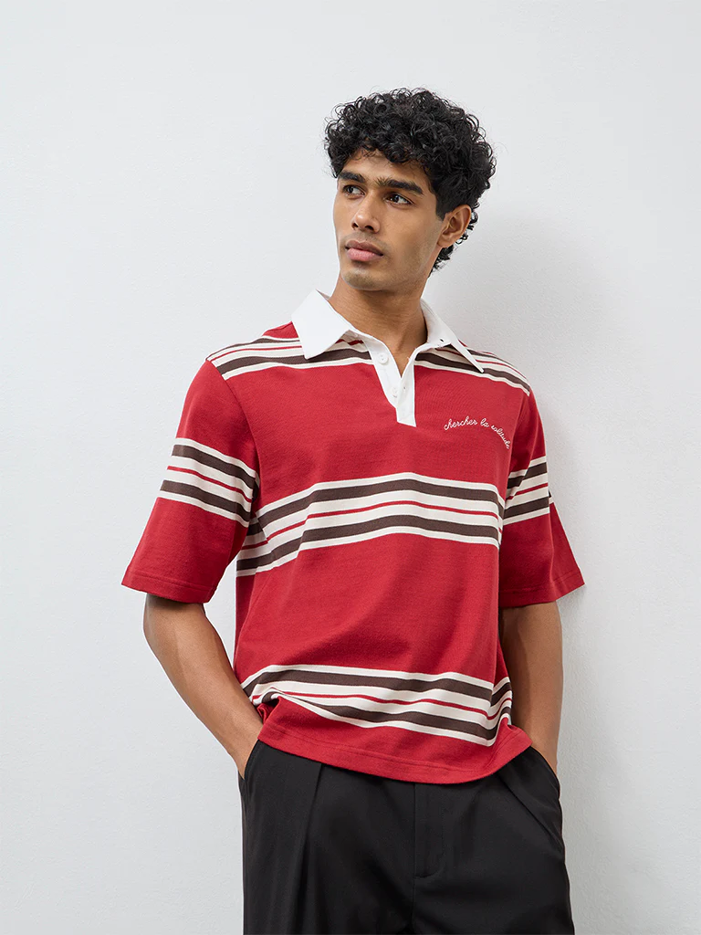 Nuon Red Striped Relaxed-Fit Cotton-Blend Polo T-Shirt