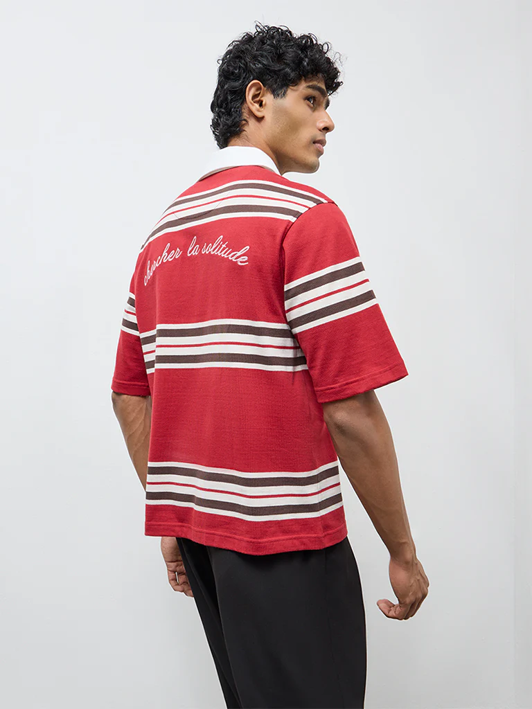 Nuon Red Striped Relaxed-Fit Cotton-Blend Polo T-Shirt - Image 4