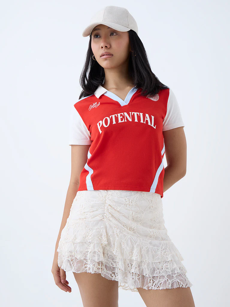 Nuon Red Text Detailed Cotton-Blend T-Shirt