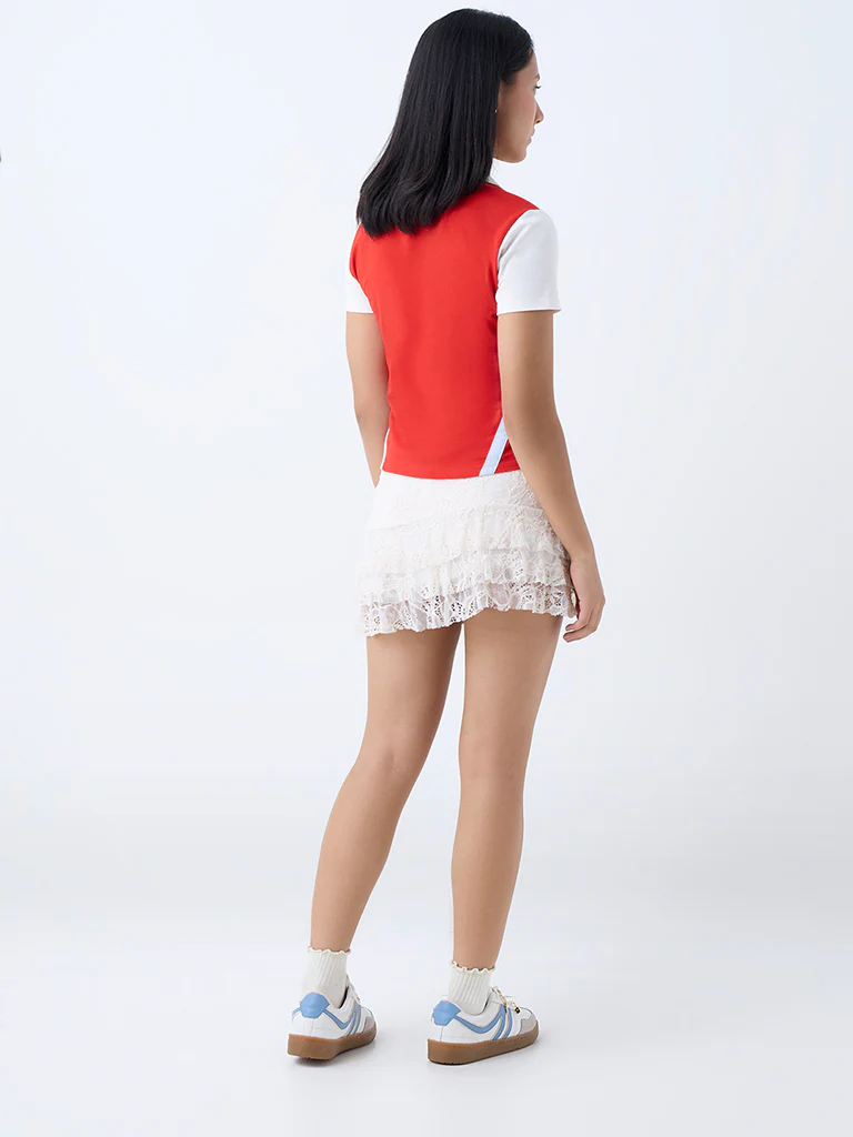 Nuon Red Text Detailed Cotton-Blend T-Shirt - Image 4