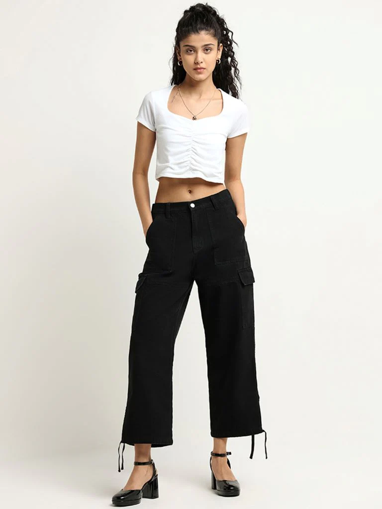 Nuon Ruched Crop White Cotton Top - Image 3