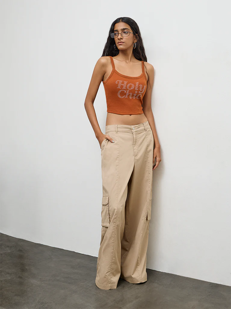 Nuon Rust Text Embellished Cotton Tank Top - Image 2