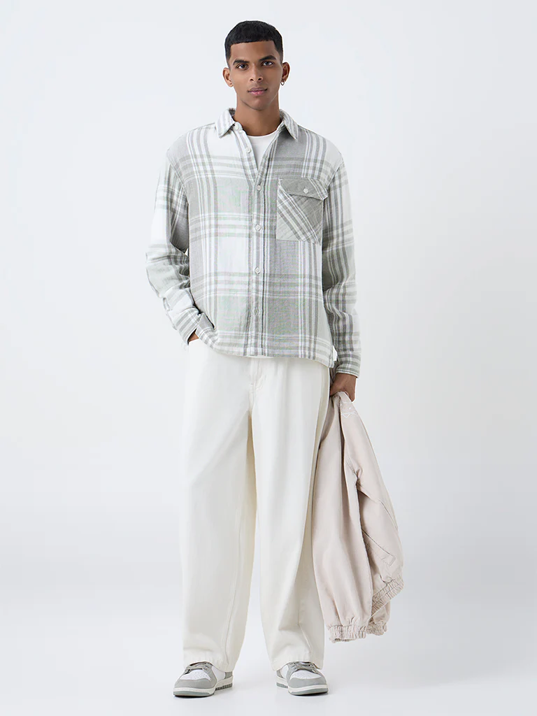 Nuon Sage Check Pattern Relaxed-Fit Cotton Shirt