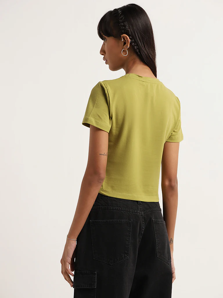 Nuon Solid Green Cotton-Blend Crop T-Shirt - Image 4