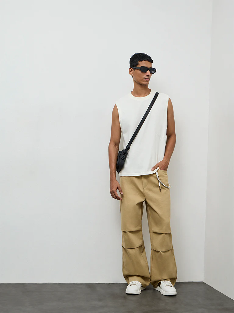 Nuon Tan Relaxed-Fit Mid-Rise Cotton Trousers with Braided Cord