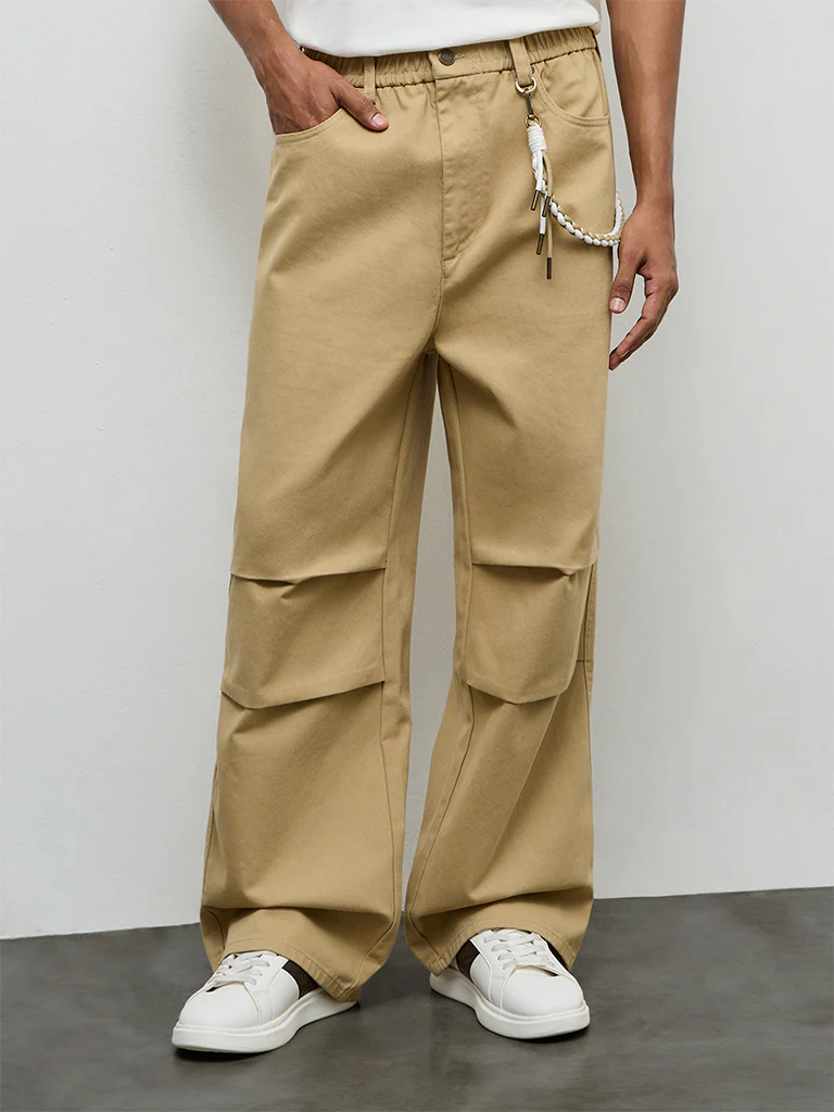 Nuon Tan Relaxed-Fit Mid-Rise Cotton Trousers with Braided Cord - Image 3
