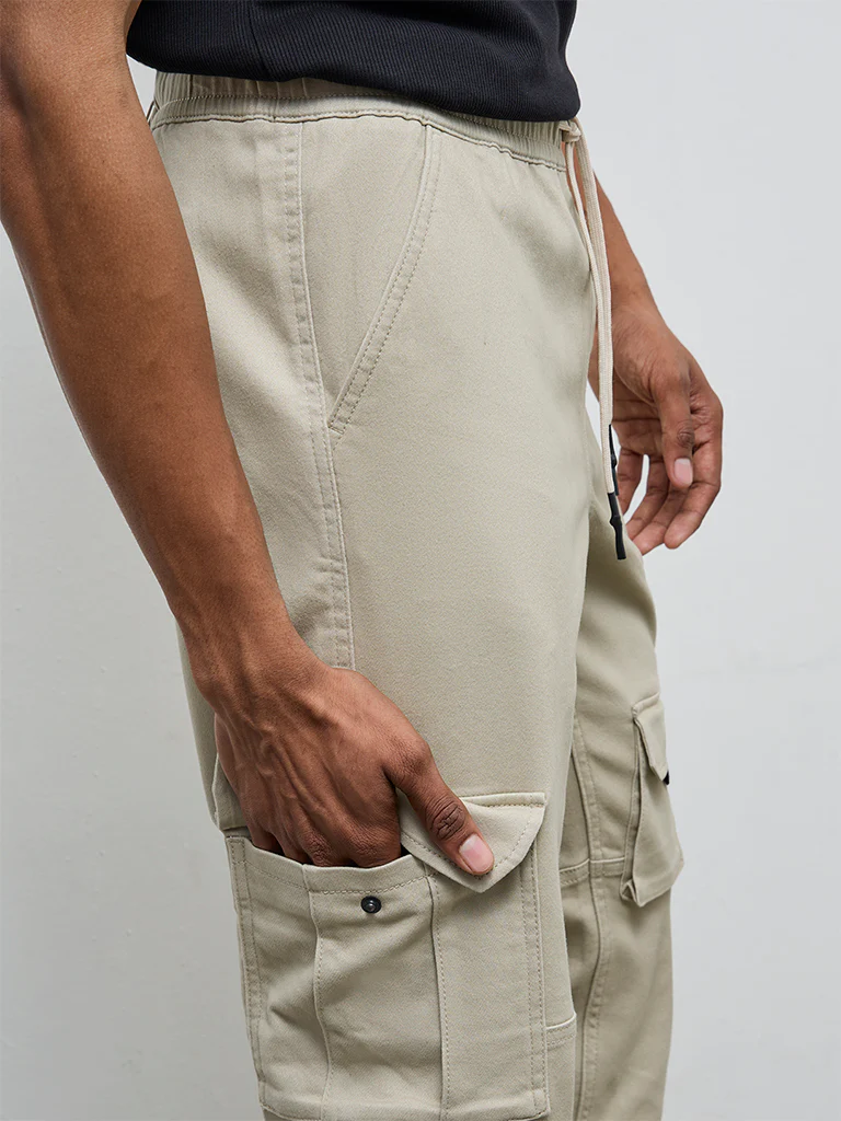 Nuon Taupe Cargo-Style Relaxed-Fit Mid-Rise Cotton-Blend Pants - Image 3