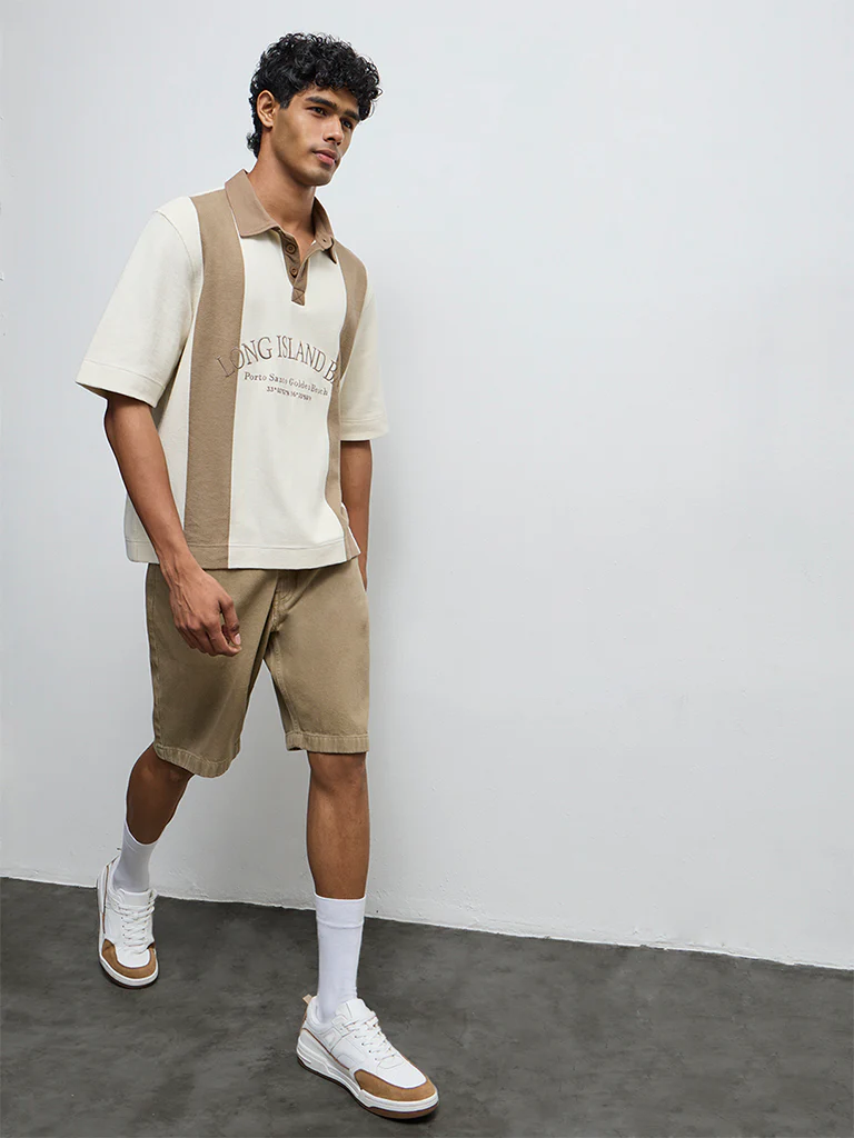 Nuon Taupe Color-Blocked Relaxed-Fit Cotton Polo T-Shirt - Image 2