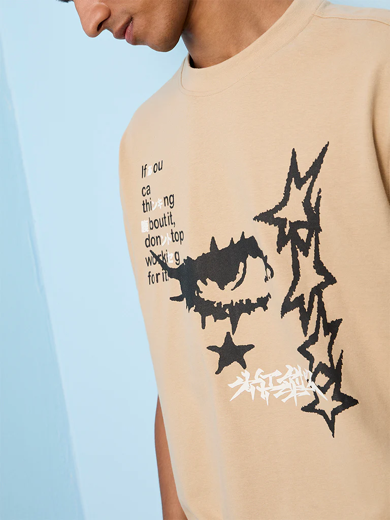 Nuon Taupe Graphic Printed Relaxed-Fit Cotton T-Shirt - Image 3