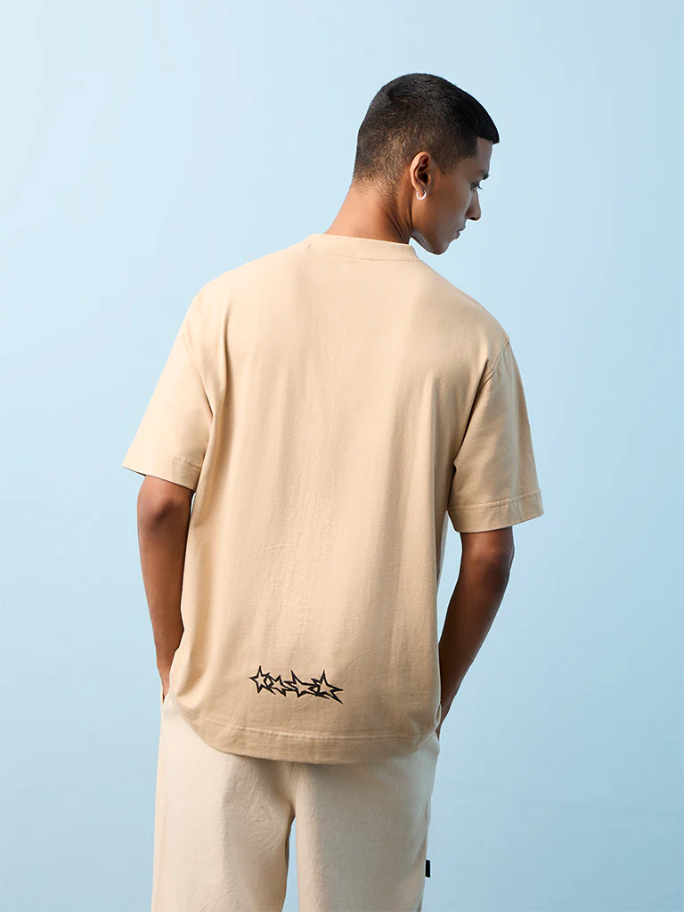 Nuon Taupe Graphic Printed Relaxed-Fit Cotton T-Shirt - Image 4