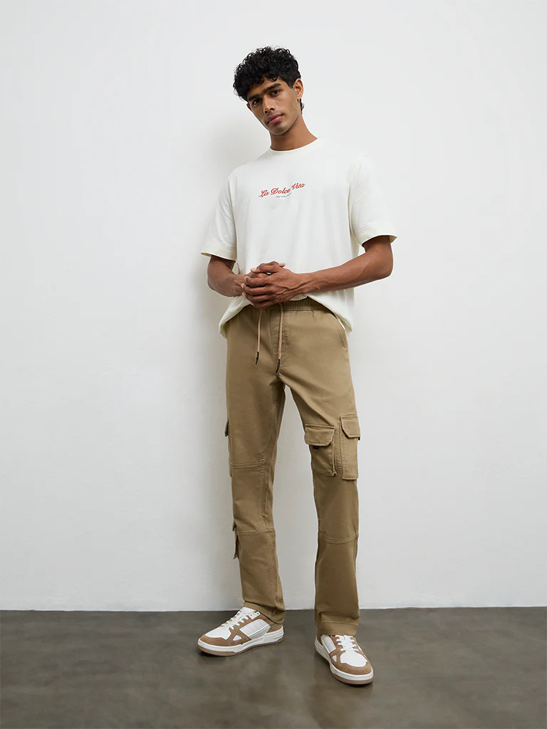 Nuon Taupe Relaxed-Fit Mid-Rise Cotton-Blend Cargo Pants