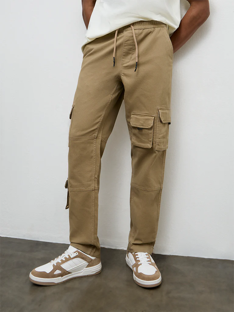 Nuon Taupe Relaxed-Fit Mid-Rise Cotton-Blend Cargo Pants - Image 3