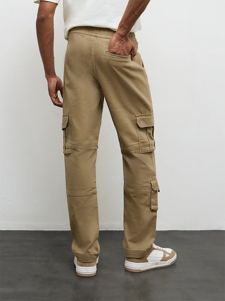 Nuon Taupe Relaxed-Fit Mid-Rise Cotton-Blend Cargo Pants - Image 5