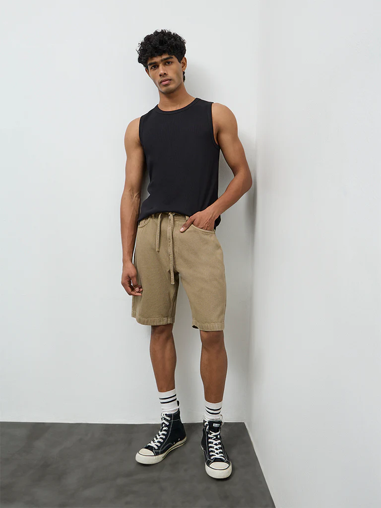 Nuon Taupe Relaxed-Fit Mid-Rise Cotton Shorts