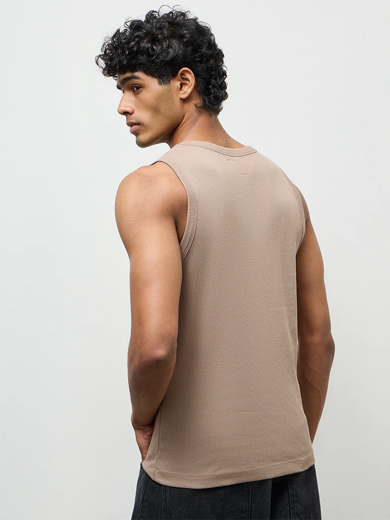 Nuon Taupe Ribbed-Textured Slim-Fit Cotton-Blend T-Shirt - Image 4