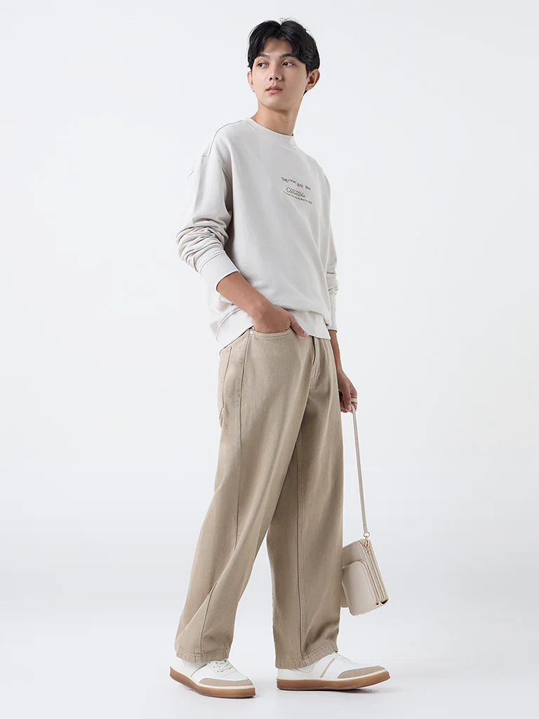 Nuon Taupe Text Detailed Relaxed-Fit Cotton Sweatshirt - Image 2